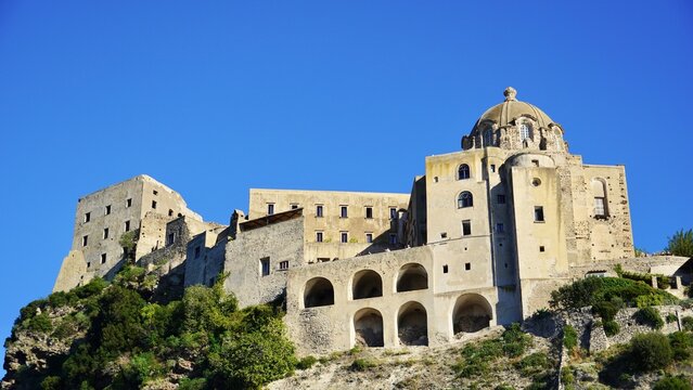 Closeup view of Aragonese Castle on the Island of Ischia, Italy