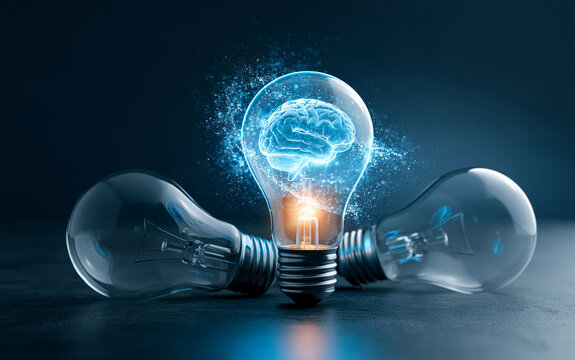 A glowing digital brain inside a light bulb represents an artificial intelligence breakthrough, a creative idea, and unique tech innovation for futuristic machine learning and human logic