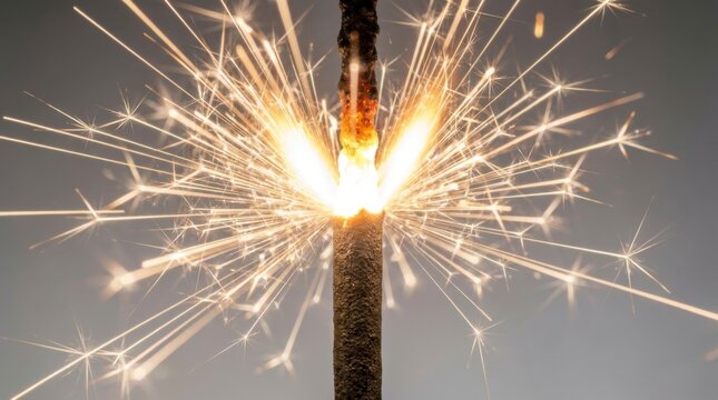 Close-up of a bright burning sparkler with golden sparks flying against a light gray background, celebrating festive moments