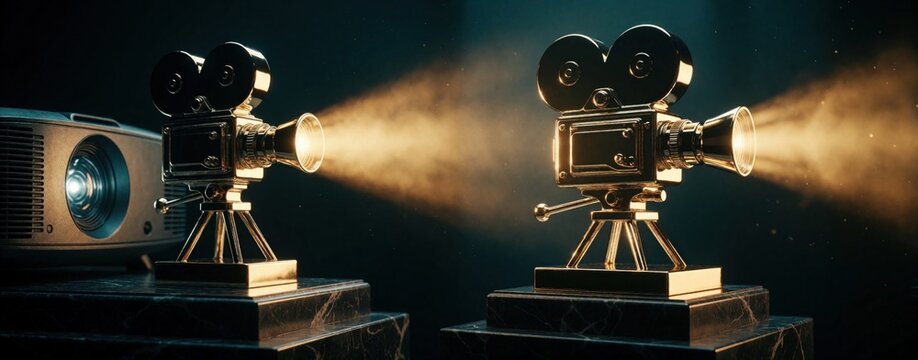 Golden vintage camera trophies rest on pedestals near a projector. Beams of light shine from cameras, symbolizing cinema awards and film industry achievements.
