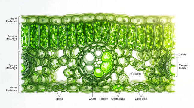 Microscopic crosssection diagram of a plant leaf structure