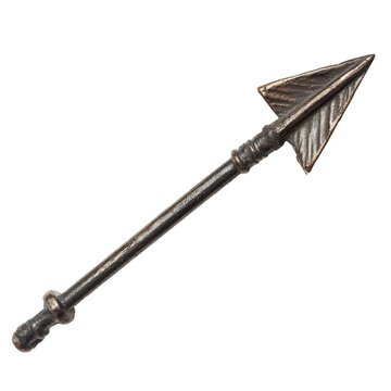 A bronze arrowhead attached to a long, slender shaft points diagonally upward against a white background