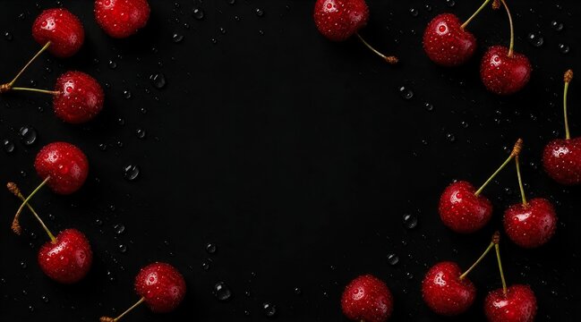 Fresh red cherries with water droplets forming border frame on black background with copy space - healthy fruit flat lay