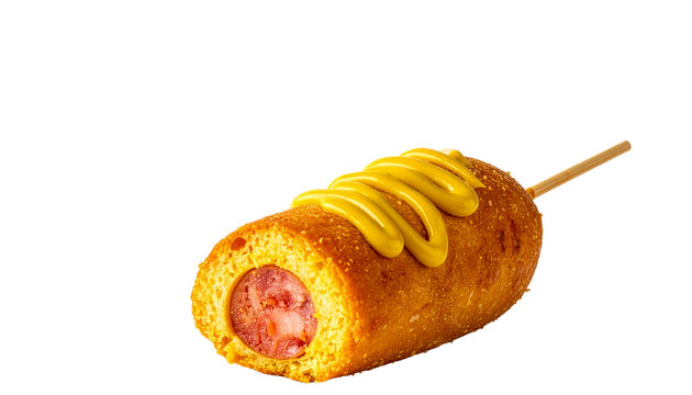 Crispy Golden Corn Dog on a Stick with Mustard Drizzle and Cut Cross-Section Isolated on Transparent Background