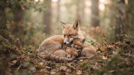Fototapeta premium Mother fox and two cubs sleeping nestled in autumn forest floor