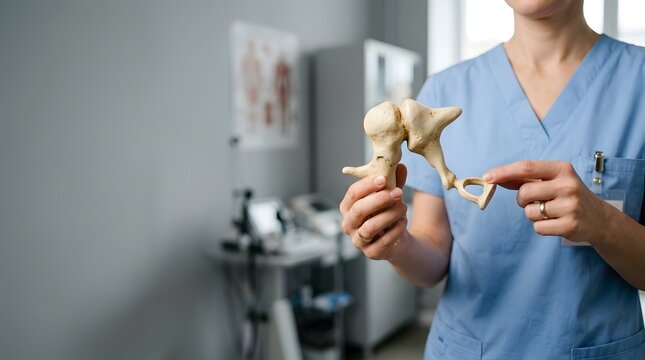 A medical professional in blue scrubs holds a detailed bone model of a human inner ear in a clinic background.
