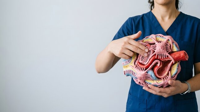 Female doctor in blue scrubs holding and pointing at detailed kidney glomerulus model during medical teaching.