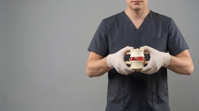 Male doctor in dark scrubs holding a model of human vertebrae with a herniated disc on plain grey backgrounds.