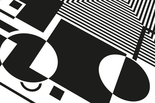 A dynamic black and white geometric abstract artwork, blending sharp angles, stripes, and contrasting shapes in a bold avant-garde style.