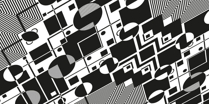 A dynamic black and white geometric abstract artwork, blending sharp angles, stripes, and contrasting shapes in a bold avant-garde style.