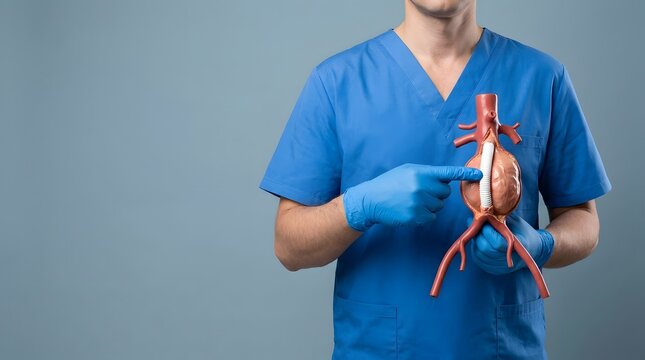 Male surgeon in blue scrubs holding a medical model of an abdominal aortic aneurysm with a stent graft repair.