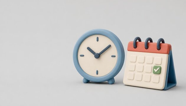 3D clay analog clock and calendar for time management and business productivity concept.