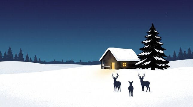 A cozy wooden cabin in a snowy winter landscape with deer standing in the field at night
