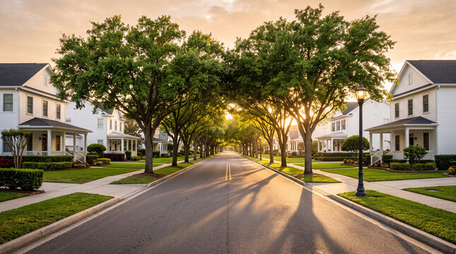 Sunset in a quiet residential neighborhood with tree-lined streets and houses