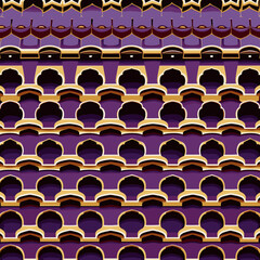 Obraz premium Clean line art seamless vector pattern of stacked muqarnas cells forming a continuous stepped honeycomb, a Ramadan and Eid al-Fitr ornament, flat geometric style.