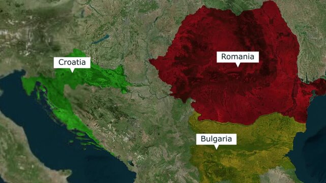 Map highlighting croatia romania bulgaria on a political map with croatia is colored green