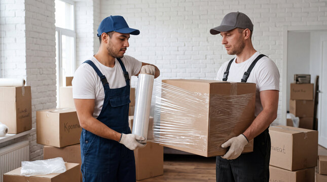 Workers pack boxes and wrap items in a room with many cardboard boxes during the moving process