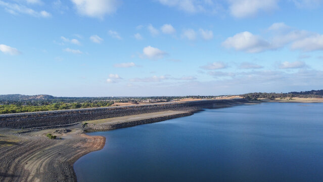 Aerial View of Folsom Lake Dam Embankment and Reservoir, California