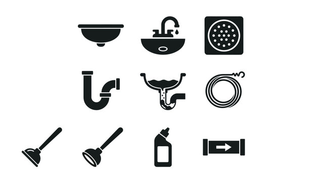 Plumbing icons set featuring sink pipes drains and tools in black silhouette style