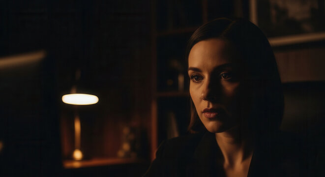 Thoughtful Woman Illuminated By Desk Lamp In Dark Office Environment