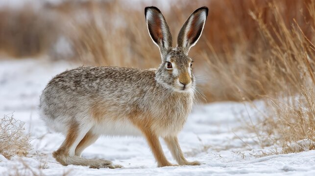 A beautiful jackrabbit standing alert in a winter scene, with snow on the ground and brown grass creating a natural, wintry setting