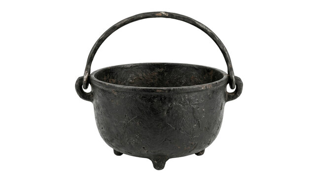 Rustic black cast iron cauldron with a sturdy handle isolated on a clean white background