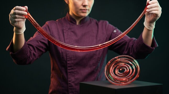 Pastry artisan pulling ruby sugar into a fine strand