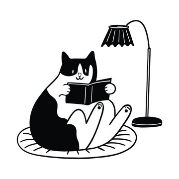 Cute Cat Reading Book Flat Vector Cartoon Design