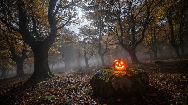 Glowing halloween pumpkin in a dark and foggy forest