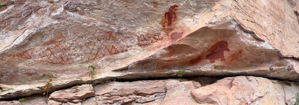 View of ancient Native American pictographs featuring a bighorn sheep and geometric patterns on a sandstone cliff face near the Yampa River in Moffat County, Colorado, United States.