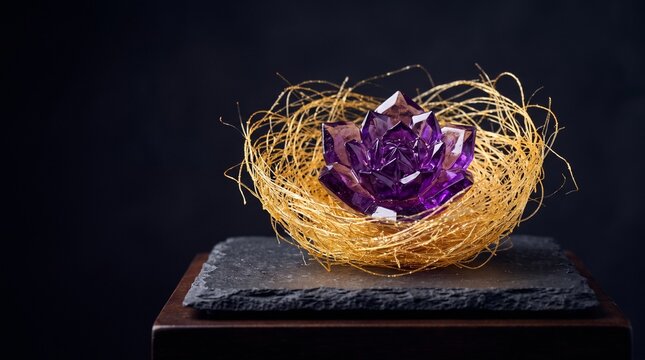 Violet isomalt flower in a nest of spun sugar