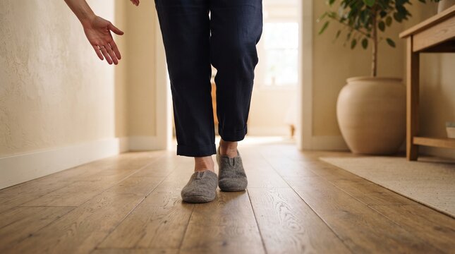 Heel to toe walking practice for senior home mobility