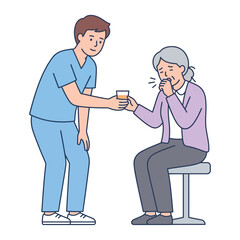 Fototapeta premium Male Nurse Giving Medication to a Coughing Elderly Patient in a Medical Clinic Setting