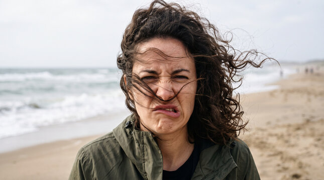 Woman making funny grimacing face with windblown curly hair on windy beach