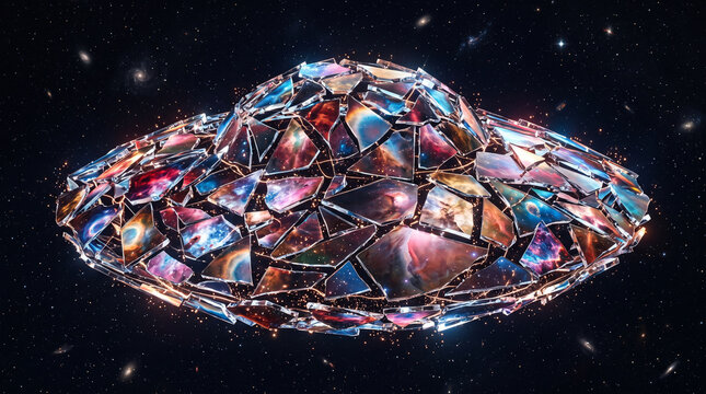 Cosmic mosaic flying saucer reflecting galaxies in deep space