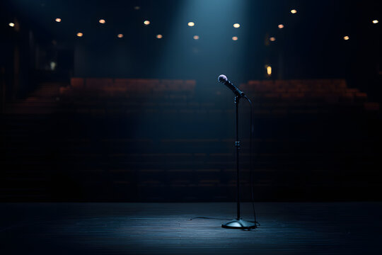 A lone microphone stands on an empty theater stage under a bright dramatic spotlight, ready for a performance or public speaking event.