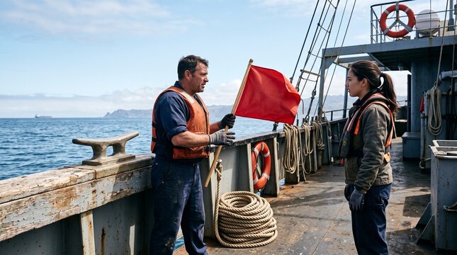 Signal flag drill on the aft deck at midday
