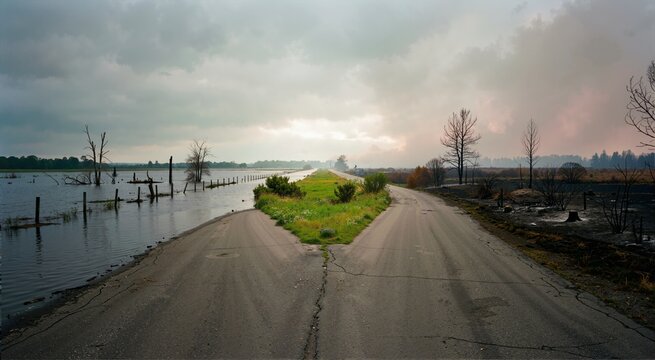 Asphalt road splitting between flooded terrain and burned forest landscape. Climate change impact and environmental choice concept