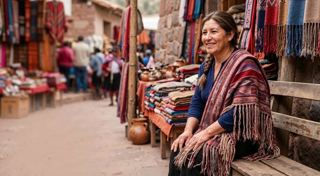 Smiling indigenous woman wearing a traditional woven shawl with fringes. Sitting on a wooden bench at an outdoor artisan market with colorful textiles