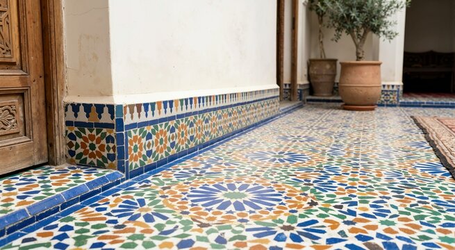 Traditional geometric mosaic tile floor and wall in Moroccan courtyard. Colorful ceramic zellij pattern architecture