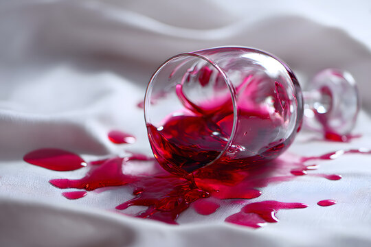 A glass of red wine spilled on a white tablecloth, creating a messy stain and conceptual imagery of accident, alcohol abuse, or cleanup.