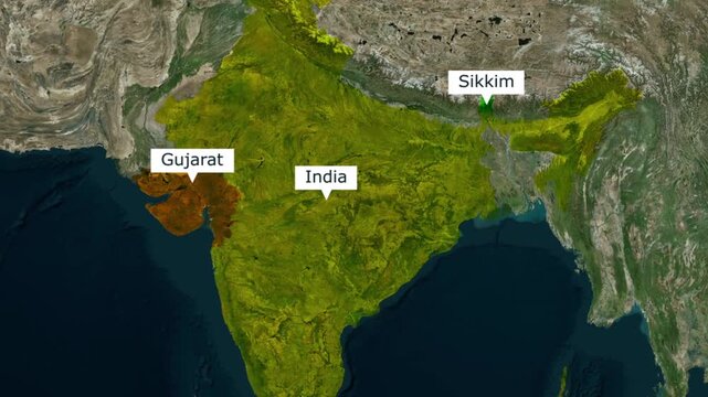 Satellite view map of india showing gujarat and sikkim states with geography satellite topography