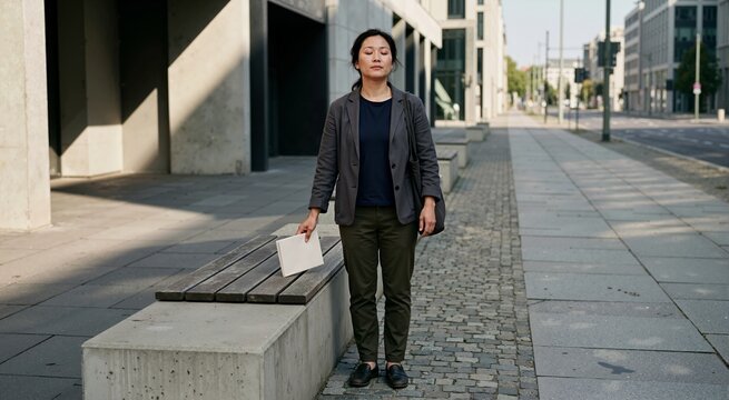 Full body shot of woman placing task notebook face down on stone bench with eyes closed. Mindfulness and stress relief concept