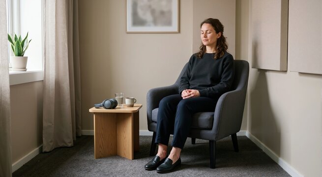 Employee resting with eyes closed in workplace quiet room. Woman taking mental break to decompress from sensory overload in office