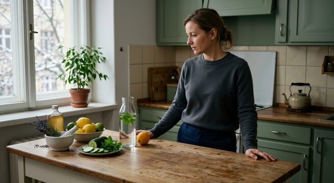 Woman standing in modern rustic kitchen beside mocktail ingredients on counter. Healthy lifestyle and alcohol free beverage concept with copy space
