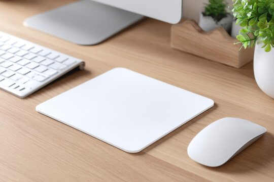 Blank white mouse pad mockup on wooden office desk with computer accessories. Workspace background with copy space for branding