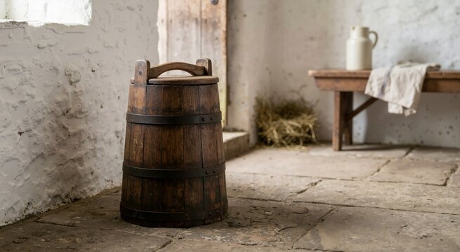 Antique wooden milk churn barrel on stone floor in rustic farmhouse. Traditional vintage butter churn container indoors