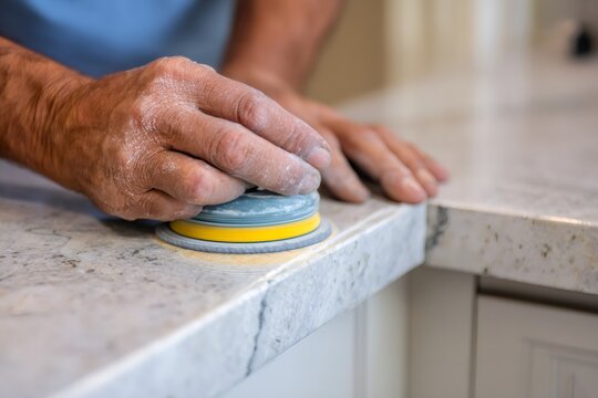 Artisan hands sanding stone countertop edge. Worker polishing granite or marble surface during kitchen renovation