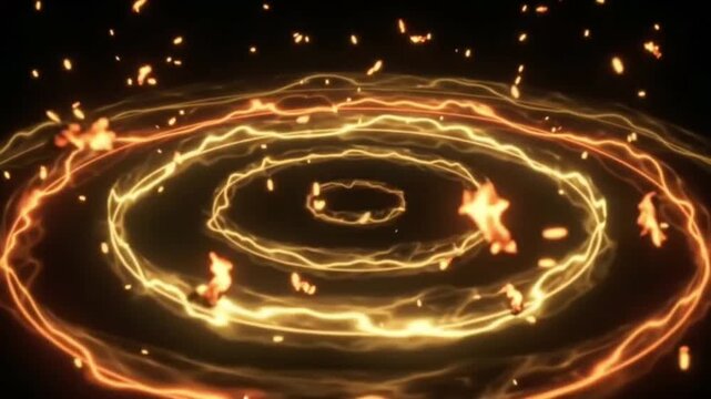 Golden Magic Circle Energy Ground Impact with Sparks Burst on Black Background