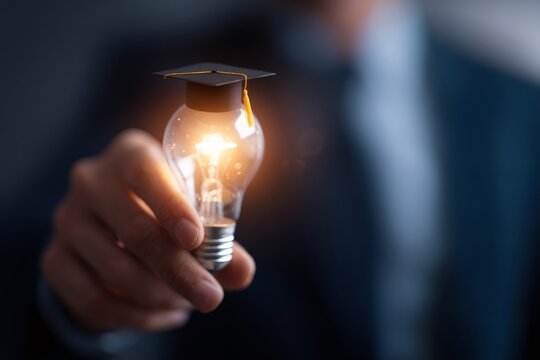 Hand holding glowing lightbulb with graduation cap. Education and innovation concept
